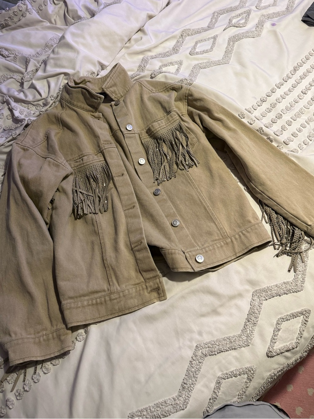 BOUTIQUE Fringe Trucker Jacket - Tan